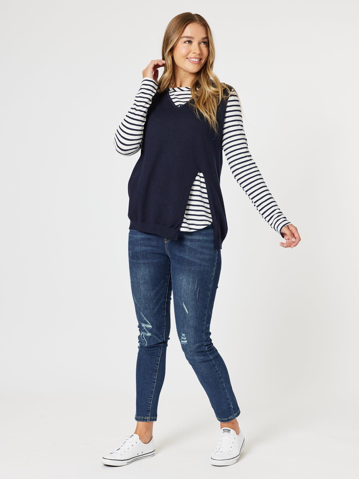 Vicky Side Split Knit Vest - Navy - Image 2